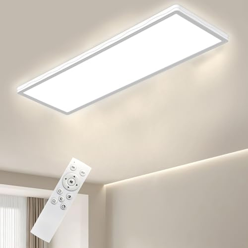 Bowfar Rektangulär LED-taklampa med fjärrkontroll, intensitet 3 000–6 500 K, superplatt LED-taklampa 24 W med bakgrundsbelysning för vardagsrum, sovrum, badrum, 58 x 20 x 2,5 cm, vit
