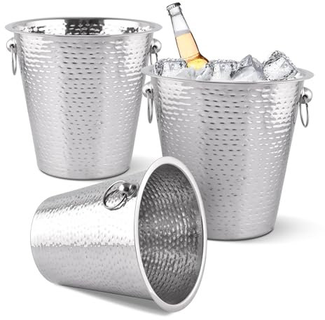 EVOKK 3 Pack Silver Wine Ice Bucket Stainless Hammered Steel Champagne Cooler with Handles Large Metal Ice Bucket for Wine Champagne and Beverages Premium Bar and Party Accessory