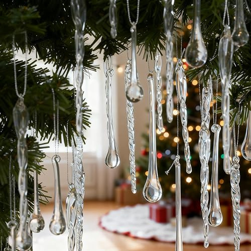 Glass Icicle Ornaments for Christmas Tree Decorations, 100Pcs Clear Crystal Glass Tear Drop Icicle Hanging Ornaments for Xmas Tree Chandelier Frozen Winter Wonderland Party Wedding Supplies