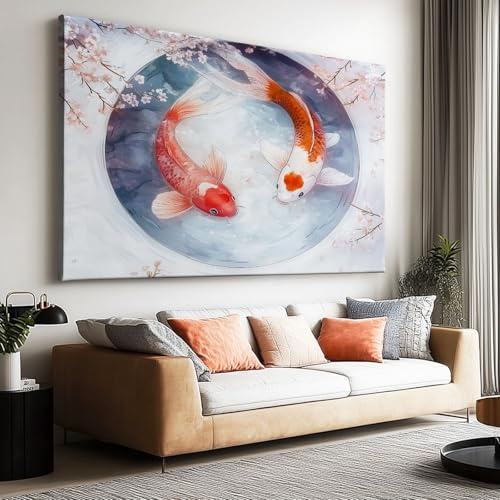 Quadro su tela orientale con fiori astratti Koi Pesci su tela, poster di alta qualità per soggiorno, camera da letto, ufficio, casa, ristorante, decorazione da parete, 90 x 60 cm