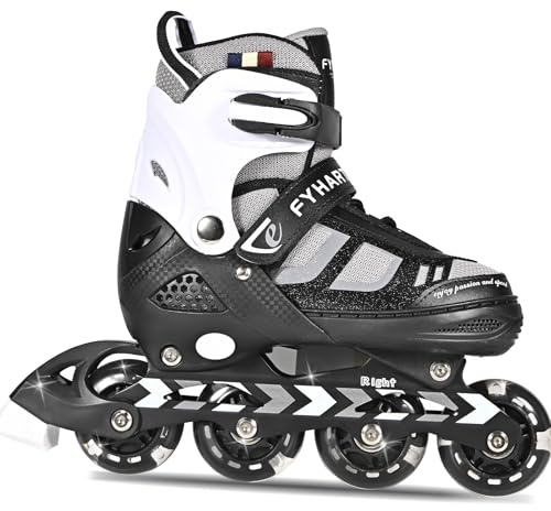 LIRENGUI Adjustable Children's Inline Skates for Boys Girls, 4 Wheels Inline Skates for Teenagers & Adults with Luminous Wheels for Indoor Outdoor Sports Leisure Black White S