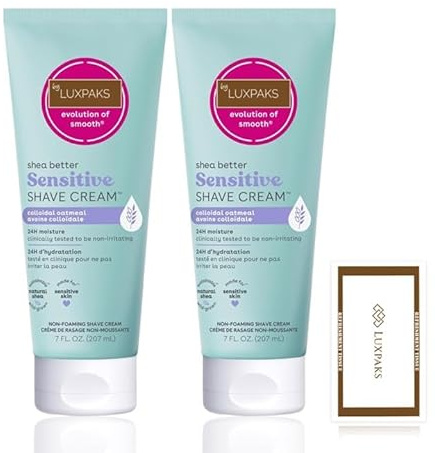 Coffret de soins de la peau : E.O.S Crème à raser pour peaux sensibles - Sans parfum (lot de 2) - Lotion de rasage hypoallergénique pour femme - Beurre de karité avec lingette nettoyante - par Luxpaks