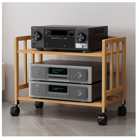 Soporte multimedia AV de bambú con ruedas – Mueble de alta fidelidad de audio para cine en casa, ajustable, 2/3/4/5 estantes, almacenamiento de medios para dispositivos de audio y accesorios