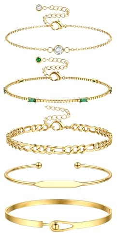 Krfy 5Stück Armband Damen Gold 14K Vergoldet Armreif Gold Armbänder Set Verstellbare Stapelarmbänder Armreifen Figaro Armbänder Wasserfest Edelstahl Armband Schmuck Set