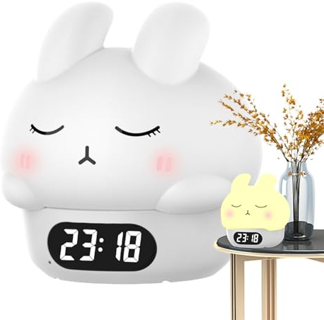 Kids Alarm Clock Rabbit - Allenamento del sonno Sveglia la luce con la modalità notturna, un grazioso sensore di touch coniglietto, lampada da comodino ricaricabile per la stanza dei più piccoli e per