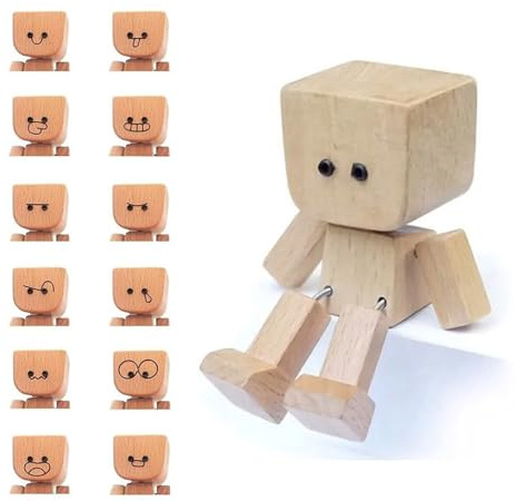 Generisch Schüttelnde Holzmann-Figur, Handgefertigte Wackelnde Füßen Holzpuppe Auto Ornamente, Charmante kleine Holzfigur, lustige Wackelkopf-Auto-Armaturenbrett-Dekors (1 Satz – Mit 12 Ausdrücken)