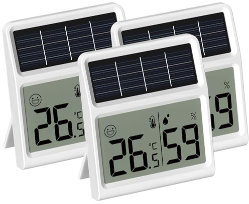 Termometro Digital Casa Solar, Higrometro Termometro Alimentado por Luz Interior- Medidor de Humedad funciona únicamente con exposición lumínica, Blanco - Pack de 3 unidad