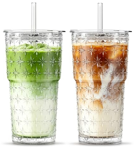 INSETLAN 2-Pack Sparkle Glass Tumbler with Lids and Straws, 600ml Aesthetic Glass Cups for Iced Coffee, Matcha, Smoothie, Twinkle Star Texture Drinking Glasses with Straw and Lid Set