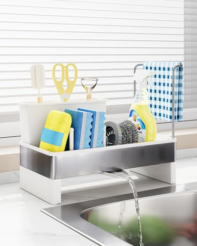 Eleancy Küchen Spülbecken Organizer – Schwammhalter mit automatischer Abflussfunktion – für Schwämme, Bürsten & Handtücher (Küche), Spülutensilien-Aufbewahrung & Küchenorganisation (Weiß)