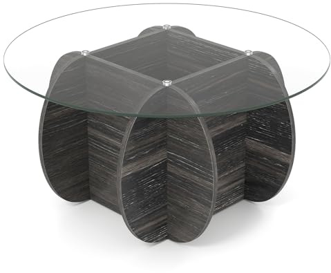 GIANETX Table basse ronde avec plateau en verre trempé, cadre en bois croisé, compartiment caché, meuble moderne pour salon, bureau, 89 x 89 x 46 cm