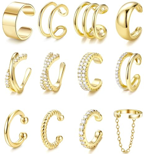 LOLIAS 12Pcs Ear Cuffs Non Piercing - 14K Gold Plated Ear Cuff Earrings for Women Adjustable Earring Cuffs for Non Pierced Ears Clip on Cartilage Earring Fake Earrings Set