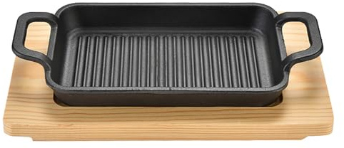 YIKANGHENG Thick Frying Non-stick Pan with Wood Handle and Wood Base, 8.4 In x 5.3 In x 1.1 In Teppanyaki Iron Plate for Kitchen and Outdoor of Fried Eggs, Cakes and Breads (M)