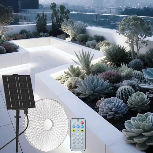 Gaoxun Solar LED Strip Lights Outdoor, 10m Solar Powered Flexible Rope Lights with Remote Control, Dimmable, 8 Modes 640 LED, IP68 Waterproof for Garden Umbrella Fence House Eaves Decor, Cool White