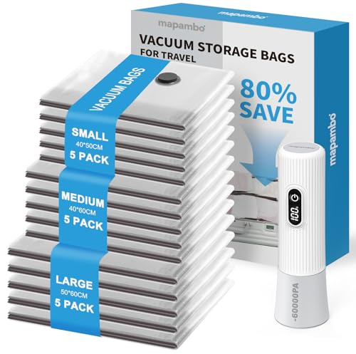 Reise Vakuumbeutel für Kleidung mit Kabellose Elektrischer -60000Pa Pumpe, 15 Stück Vacuum Storage Bags in 3 Größen(40 * 50/40 * 60/50 * 60CM), Sparen 80% Platz für Reisegepäck und Lagerung