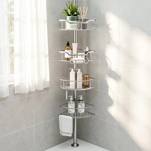 Purejoy Teleskopisk duschhylla utan borrning silvergrå, höjdjusterbar hörnhylla för dusch och badrum, rostfri duschhylla med 4 korgar (silvergrå, 81–312 cm, triangulär)