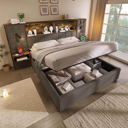Polsterbett Doppelbett Bettanlage 180x200 cm mit Hydraulisch Stauraum & 2X Nachtkommoden, Stauraum-Kopfteil mit LED & USB Type-C Ladefunktion, Schlafzimmer Komplett-Set, Leinen, Ohne Matratze, Grau