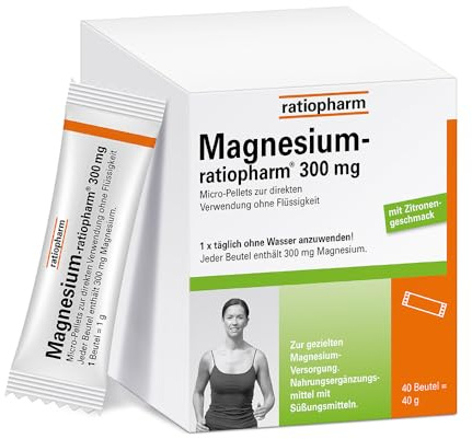 Magnesium-ratiopharm 300 mg, 40 Stück | Magnesium mit Zitronengeschmack in praktischen Sticks zur Verwendung ohne Wasser