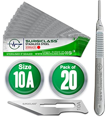 Lames de scalpel No 10A en acier inoxydable stériles, lot de 20 et poignée n° 3, parfaites pour l'art du bois, Chirurgicale, la sculpture, l'anatomie de laboratoire, Création d'enseignes SURGIGR10A-20