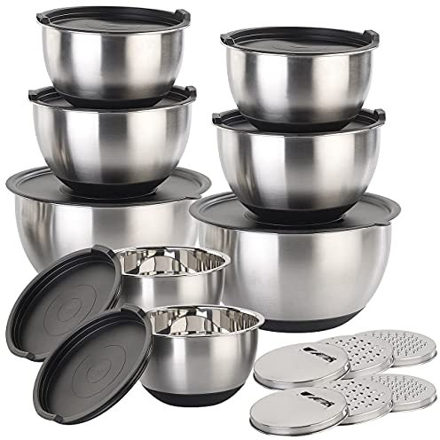 Rosenstein & Söhne Reibe: 22-teiliges Premium-Rührschüssel-Set mit 6 Reibeaufsätzen und Deckeln (Schüsseln, Schüssel-Set, Zerkleinerer)