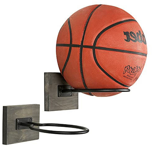 MyGift Wall Mounted 2 Pack Sports Ball Holder - Gray Wood and Black Metal Home Gym Basketball Football Volleyball Soccer Ball Display Rack