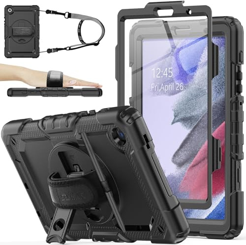 SEYMAC stock Case for Samsung Galaxy Tab A7 Lite 8.7'' with Screen Protector Pen Holder [360 Rotating Hand Strap]& Stand, Drop-Proof Case for Samsung Galaxy Tab A7 Lite 2021 SM-T220/T225, Black
