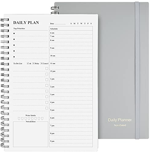 Tagesplaner, Undatiert, Asten To-Do-Liste, Notizbuch, Stundenpläne, Spiral-Terminplaner für Männer und Frauen, PVC-Hardcover, elastischer Verschluss, Innentasche 21,1 x 14,7 cm (Grau) | Spiral-Stundenplaner, Terminplaner für Damen und Herren, PVC-Hardcover, elastischer Verschluss, Innentasche, 21,1 x 14,7 cm