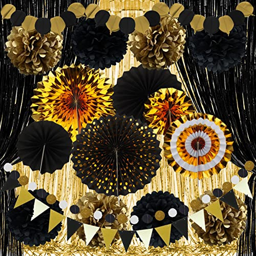 ZERODECO Gold Schwarz Partydekorationen, Papierfächer Pom Poms Girlande String Banner Fransenvorhänge Geburtstagsfeiern Abschluss Happy New Year Eve Party Dekorationen