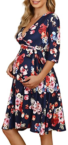 KOJOOIN Vestido de Maternidad para Mujer Delgado con Cuello en V Elegante Vestido de Lactancia Vestidos Premama Verano Casuales para Embarazadas Flores01（Manga 3/4） S