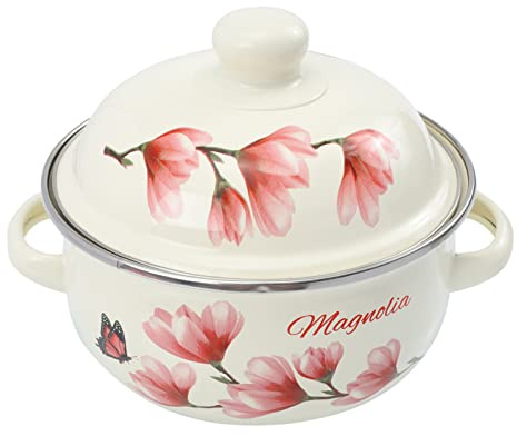 Angoily Retro Emaille Stockpot: Nicht- Stick- Keramik- Beschichtete Niedrige Bestellpotentopf- Topf 16Cm- Quart Stockpots Suppe Kasserole Pasta Milchsauce- Topf mit Deckel für