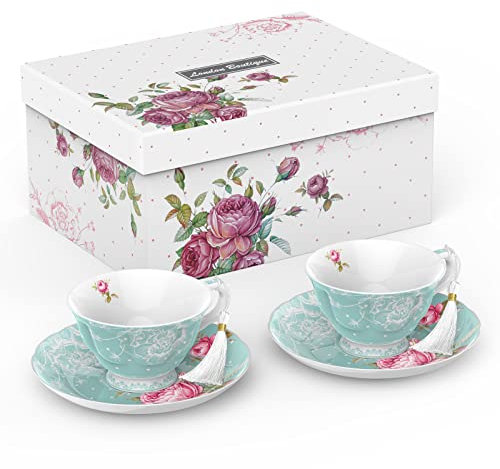 London Boutique Tea Cup and Saucer Set 2 Afternoon Tea Set New Bone China Vintage Flora Gift Box 200m (Turquoise)