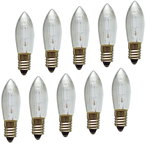Erzgebirgslicht - AUSWAHL - 10x Topkerze Spitzkerze 34V 3W E10 für 7 Brennstellen Ersatzbirne Glühbirne Riffelkerze Glühlämpchen für Lichterketten und Schwibbogen (keine LED!)