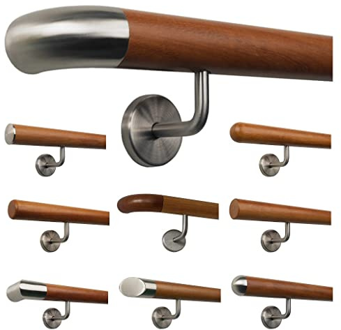 TIBU Kambala - Pasamanos de madera, diámetro de 42 mm, soporte de acero inoxidable en ángulo, longitud de 30 cm, con 2 soportes y extremo de arco de acero inoxidable