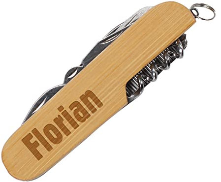 Herz & Heim® Taschenmesser, Bambusgriff, 9-teilig, mit Namensgravur