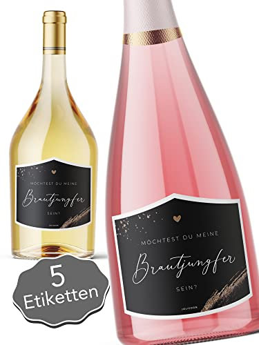 JoliCoon 5 Flaschenetiketten Brautjungfer fragen - Willst du meine Brautjungfer sein Geschenk - 9,3x7,8cm