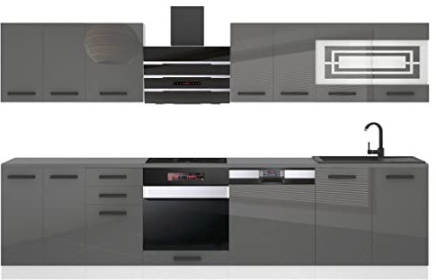 BELINI | Küchenzeile Küchenblock Lucy - Küchen-Möbel 300 cm | Küche komplett ohne Elektrogeräten mit Hängeschränke und Unterschränke | Mit Arbeitsplatten | Silber Hochglanz