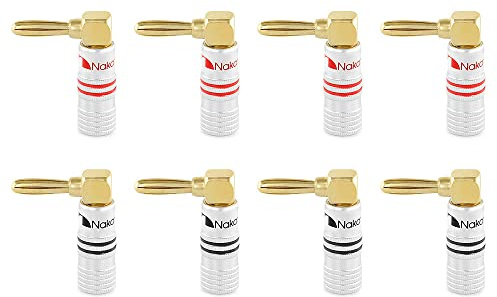 Nakamichi 24K vergoldeter Bananenstecker 12 AWG - 18 AWG Gauge Größe 4mm für Lautsprecher Verstärker Hi-Fi AV Receiver Stereo Heimkino Audiokabel Stecker Rechtwinkliger Stecker, 8 Stück (4-Paar)