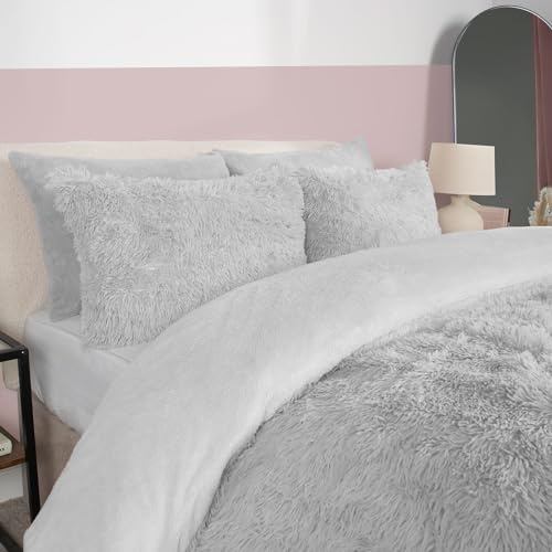 OHS Single Duvet Cover Shaggy Silver Grey, Teddy Fleece Duvet Reverse Fluffy Bedding Set Single Duvet Cover with Pillowcase Bear Fleece Warm Cosy Comfy