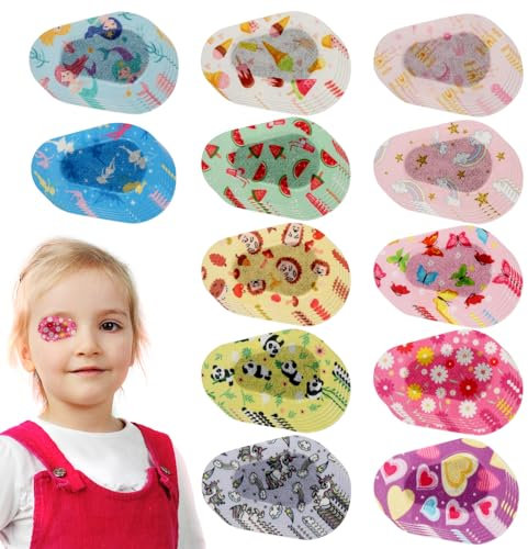 60 Pezzi Bende per Occhi per Bambini, 5x7,5 cm Adesivo Benda per Occhi Maschera per Occhi Morbida Che Blocca la Luce Traspirante Benda per Occhi in Tessuto Regalo per Bambini (12 Stili)