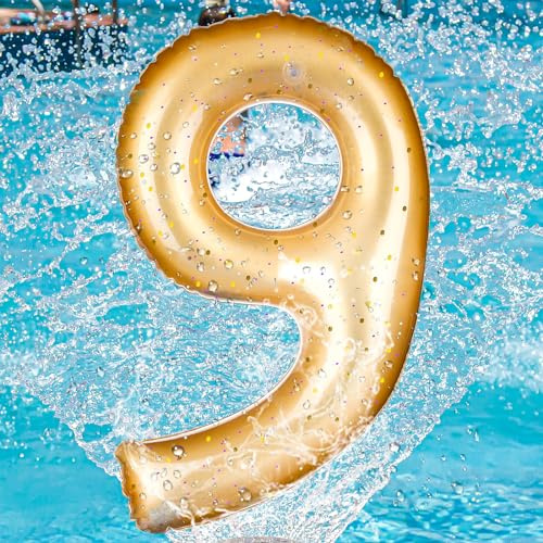 Foilswirl Pool Number 0-9 Floats 20'' Inflatable Gold Birthday Pool Party Decoration Large Inflatable Floating Balloons for Summer Graduation Party Supplies Swimming Indoor Outdoor Backdrop(Number 9)