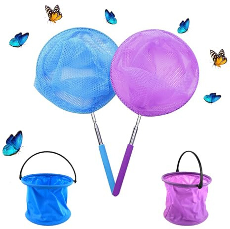 Xmart 2 Pièces Filet à Papillon Ajustable Epuisette Peche Enfant Livré avec 2 Seaux Pliables Filet à Papillon Enfant Convient Aux Activités de Jardin en Plein Air pour Enfants et Adultes