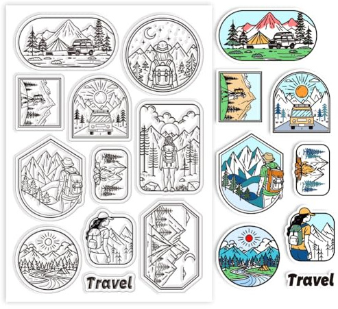 GLOBLELAND Reise Camping Silikonstempel Etikett Transparente Stempel Reise Landschaft Klare Stamps Für Karten Herstellung DIY Scrapbooking Basteln