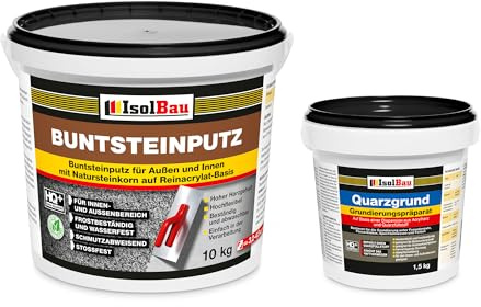 Isolbau - Buntsteinputz für Außen und Innen (Weiß, Sand/Gelb) 10 kg - BP60 Mosaikputz Dekorationsputz Frostsicher, Wasserfest, Stoßfest - mit Quarzgrund 1,5 kg