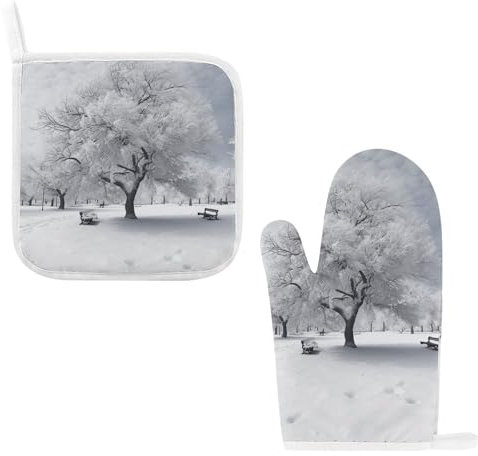 Ofenhandschuhe und Topflappen, Weiß, Schneebaum, 2 Stück, Wärmedämmung, Ofenhandschuhe, rutschfest, wasserdicht, Hot Pads, Kochhandschuhe für Küche, Backen, Grillen, BBQ