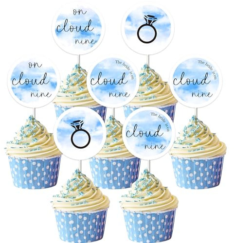 Sursurprise 36Pcs Blau Weiß Die Braut ist auf Wolke Neun Cupcake Toppers, Himmel Wolken Diamant Ring Kuchen Picks für auf Wolke 9 Braut Dusche Bachelorette Hochzeit Verlobung Party Dekorationen