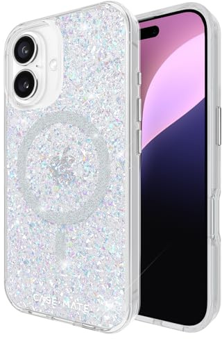 Case-Mate Twinkle Mag-Safe Schutzhülle kompatibel mit Apple iPhone 16 Hülle Glitzer (3,6 m Fallschutz, Recyceltes Material, Integrierter Mag-Safe-Ring, Schillernd)- Stardust/Silber