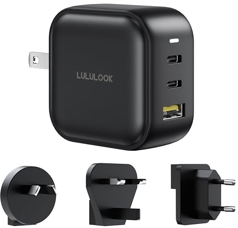 LULULOOK 65W USB C Charger, 3-Port GaN Fast Charger Block, USB Type C Wall Adapter Travel Charger for MacBook Pro/Air, iPad Pro, iPhone 17, Galaxy S25, Surface Laptop, Dell XPS, UK/EU/AU Plug Included
