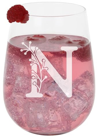 N Personalised Monogram Initial Etched Gin Glass - Engraved Name Stemless Birthday Gift for Her or Him - Custom Name Personalised Initial Engraved 590ml