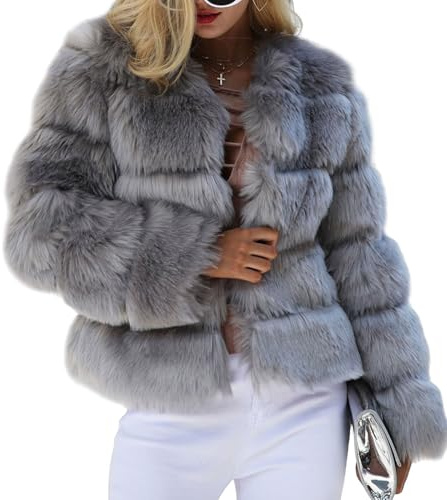 loveimgs Women Warm Fluffy Cropped Puffer Jacket Faux Fur Coat Crop Parka Collarless Winter Teddy Bear Coat Overcoat, Grey, Medium