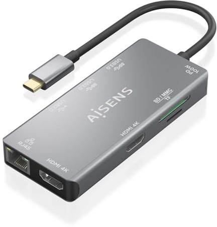 AISENS - ASUC-9P018-GR - USB-C Dock 9 en 1, USB-C A 2XHDMI, 1XRJ45, 2XUSB-A USB3.0, 1XUSB-A USB2.0, 1XUSB-C PD, 1Xsd, 1XMicro SD, Gris, 15Cm