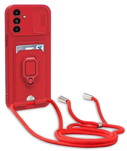 BGHHEU Handykette Schutzhülle kompatibel mit Samsung Galaxy A16 Handyhülle mit Band,Schiebe Kameraschutz,360 Grad Ringhalter Stand,Kartenfach,Verstellbarer Halskette Silikon hülle - Rot